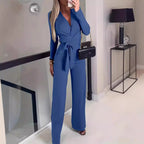 Ladies' slim fit sexy V-neck long-sleeved jumpsuit from Plush Fashion Hub, casualwear style, shown in a fitted design.