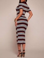 Striped polo collar midi dress by Shopimist featuring a fitted silhouette and stylish design, shown on a mannequin.