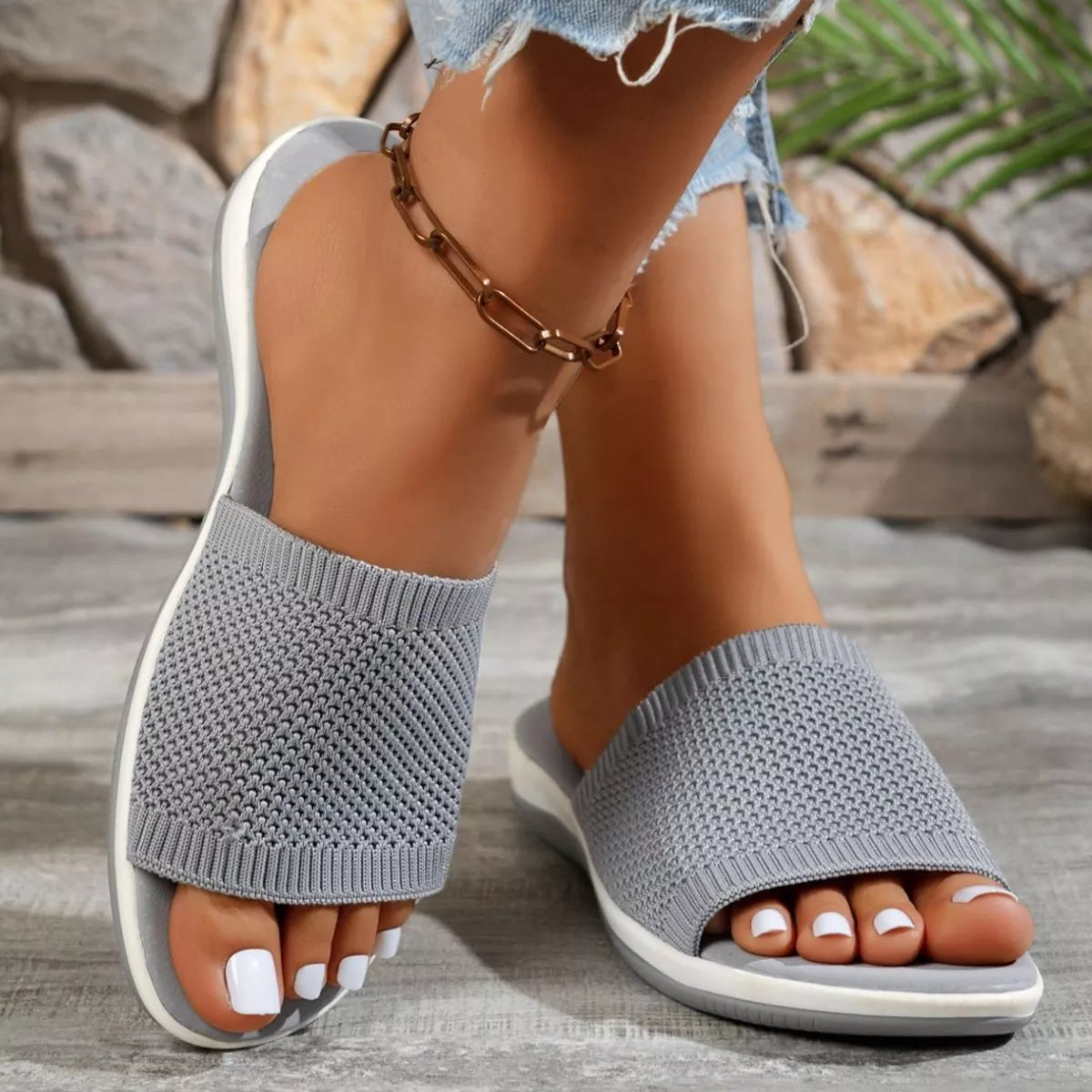 Open toe knit sandals by Plush Fashion Hub featuring a stylish design and comfortable fit, perfect for warm weather.