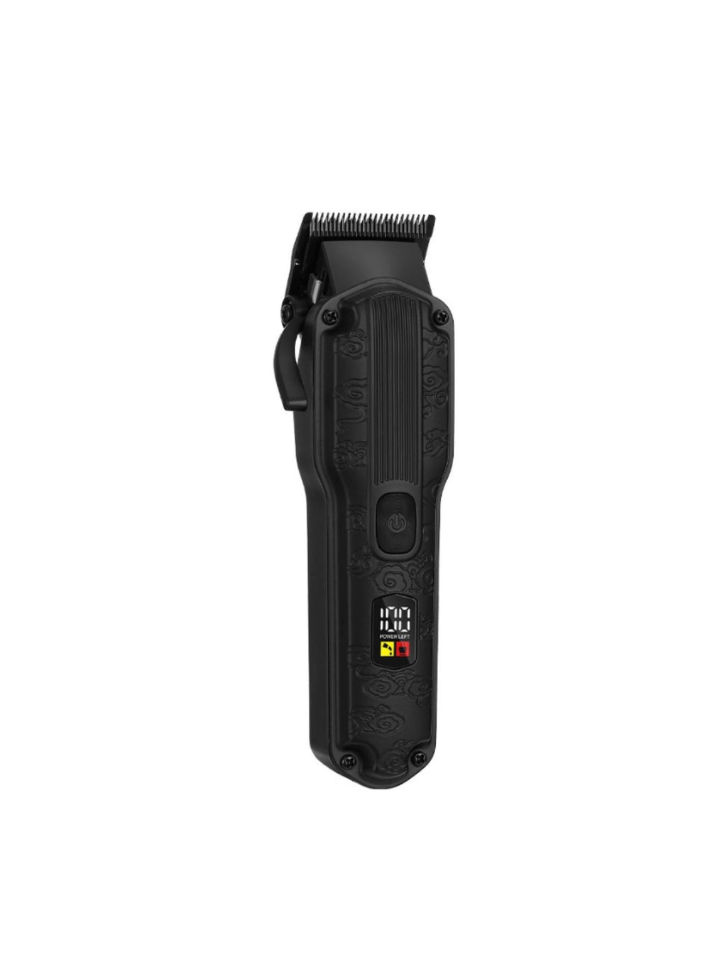 Professional 19-piece LED display men's hair clipper and grooming kit with various attachments and sleek black design.