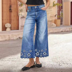 Women’s cropped denim jeans with chrysanthemum embroidery, loose straight-leg fit, casualwear by Plush Fashion Hub