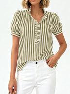 Women's striped puff sleeve blouse with ruffled details, stylish and lightweight, from Trendsi.