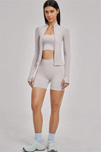 Fitglutes Activewear sports bra, jacket, and shorts 3-piece set, stylish gymwear and workout clothes for active women.