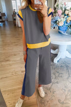 Women's contrast trim lounge set featuring a stylish two-piece top and pants outfit, ideal for comfortable casual wear.