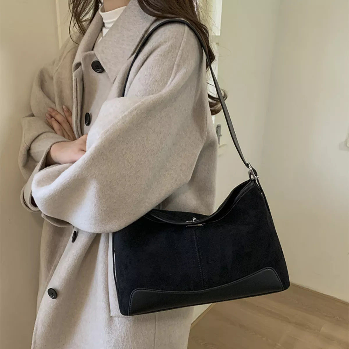 Simply Love suede crossbody handbag with adjustable strap, showcasing a stylish, compact design in soft suede material.
