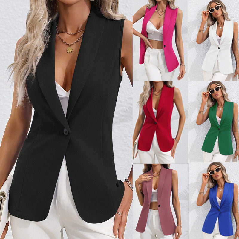 Women's sleeveless cardigan blazer from FitiqueFit with single button and round neckline, stylish and versatile for casual or formal wear.