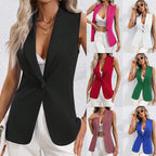 Women's sleeveless cardigan blazer from FitiqueFit with single button and round neckline, stylish and versatile for casual or formal wear.
