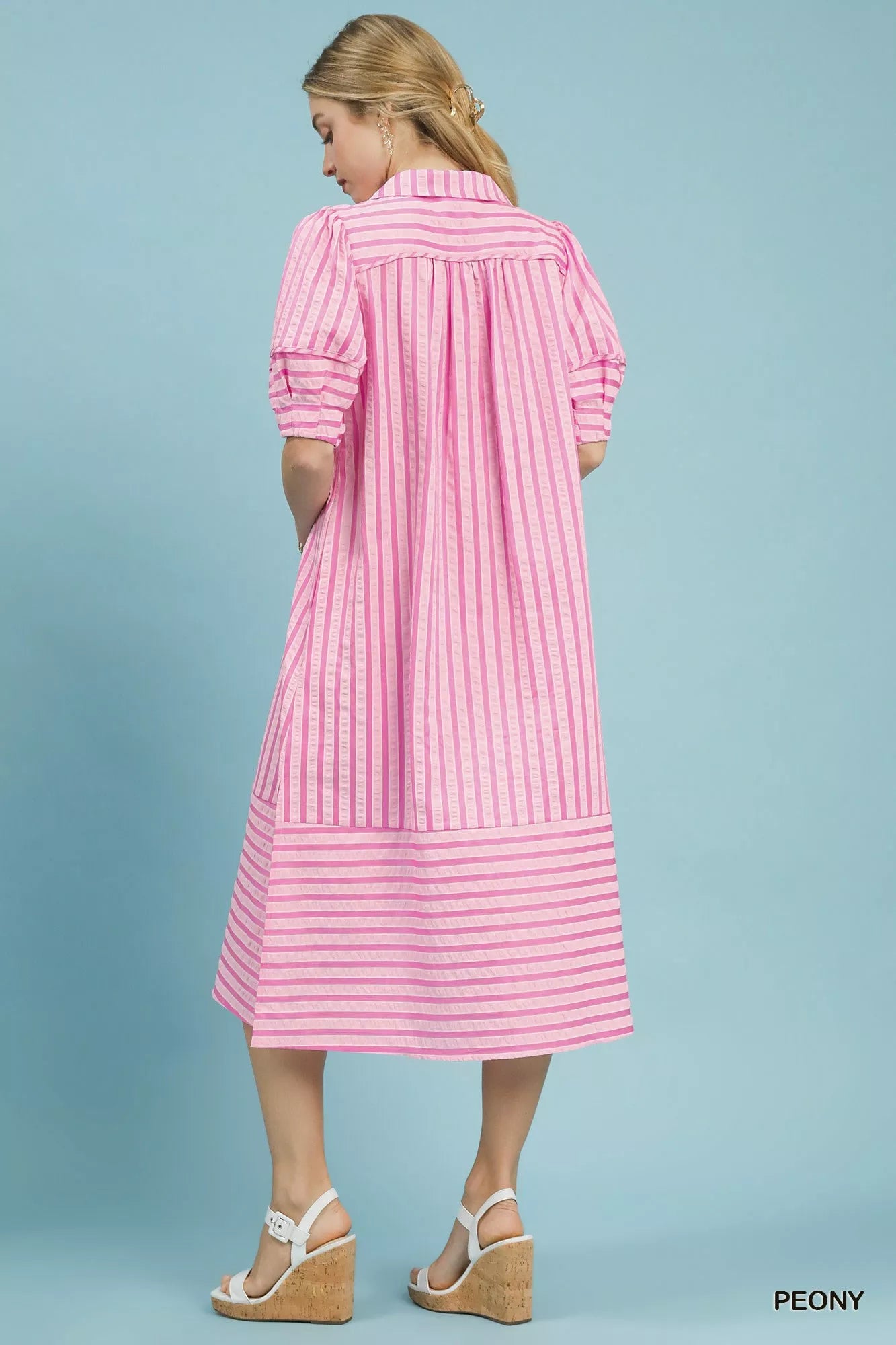 Umgee striped puff sleeve midi dress featuring a fitted bodice and flowing skirt, perfect for casual or semi-formal occasions.