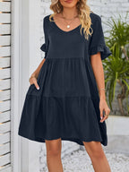 Lightweight rayon ruffled sleeve tiered mini dress with pockets, stylish and comfortable from Trendsi.