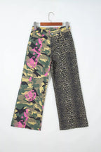 Multicolour Retro Floral Leopard Contrast Patchwork Raw Hem Jeans