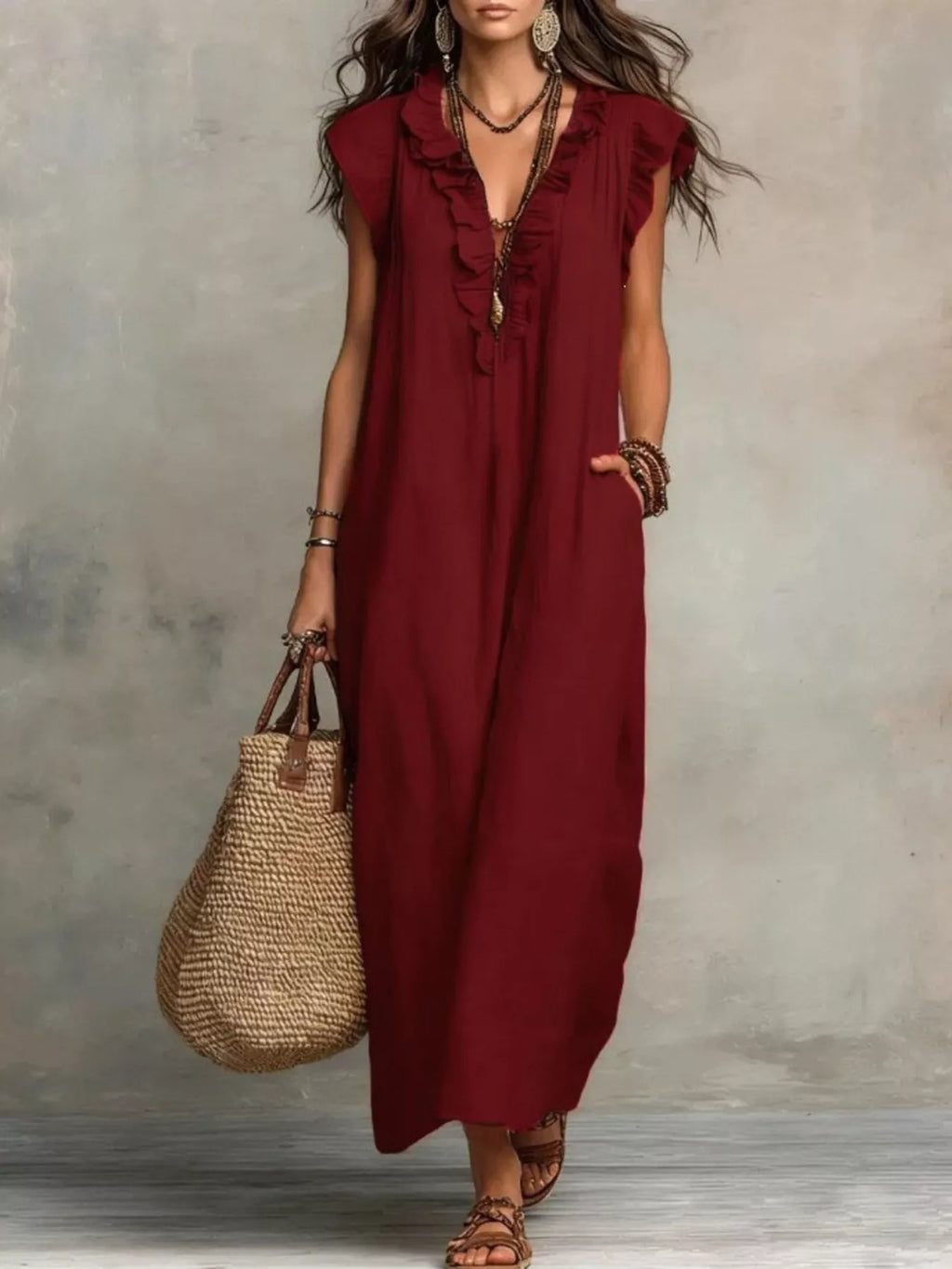 Ruffled V-neck maxi dress in flowing fabric from Plush Fashion Hub, featuring a stylish ruffled neckline and elegant design.