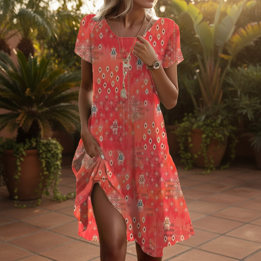 Ethnic print midi dress by FitiqueFit with scoop neck, geometric pattern, and boho style, displayed on a hanger.