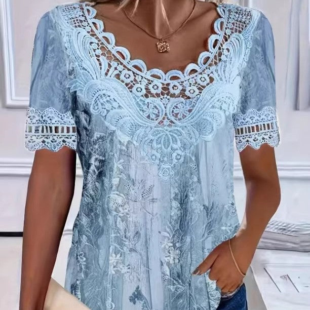 Women's lace patchwork crew neck short sleeve T-shirt by FitiqueFit, featuring casual lace details and comfortable fit.