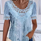 Women's lace patchwork crew neck short sleeve T-shirt by FitiqueFit, featuring casual lace details and comfortable fit.