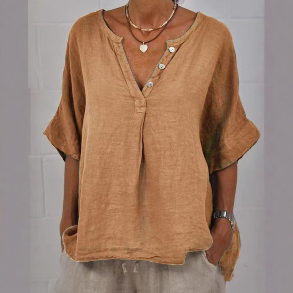 Women's cotton linen V-neck button-up shirt from FitiqueFit, casualwear, shown in natural beige with long sleeves and front buttons.