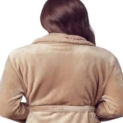 Beige women's plush bathrobe from Plush Fashion Hub, showing the back view with small size and soft, cozy fabric.