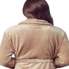 Beige women's plush bathrobe from Plush Fashion Hub, showing the back view with small size and soft, cozy fabric.