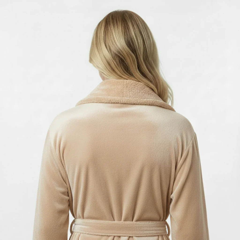 Beige women's plush bathrobe by Plush Fashion Hub, showing the back view with small size and soft, cozy fabric.