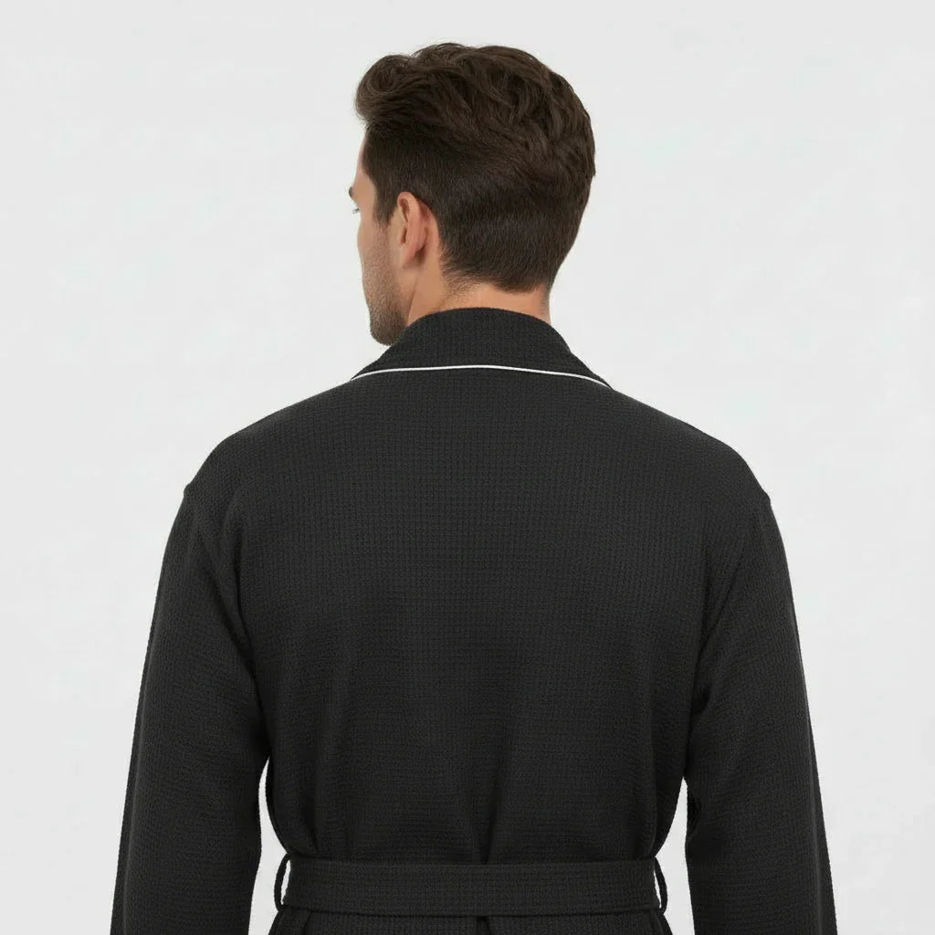 Back view of black men's waffle piping robe by Plush Fashion Hub, showcasing small size and stylish piping details.