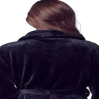 Back view of a small black women's plush bathrobe from Plush Fashion Hub, showcasing its soft, cozy fabric and relaxed fit.