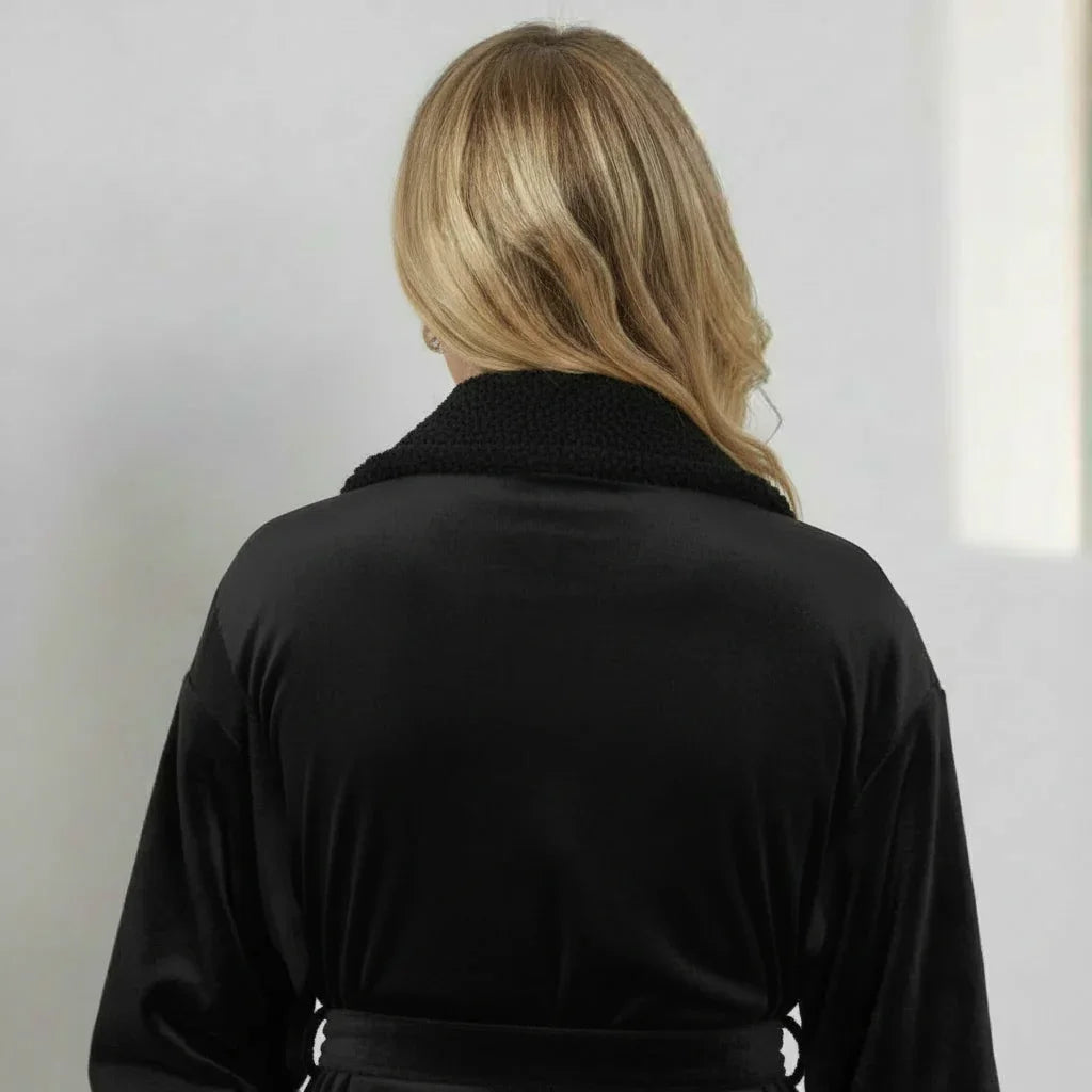 Back view of small black women's plush bathrobe by Plush Fashion Hub, showcasing soft, cozy fleece material and relaxed fit.