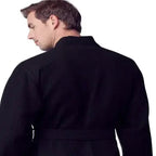 Black men's waffle spa bathrobe from Plush Fashion Hub, lightweight and absorbent, shown from the back.