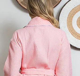 Back view of small blush women's waffle piping bathrobe from Plush Fashion Hub, lightweight spa-style comfort with piping details.
