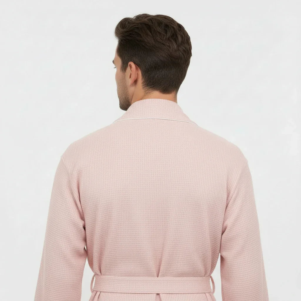 Back view of small blush plush men's waffle piping robe from Plush Fashion Hub, showcasing soft fabric and piping details.