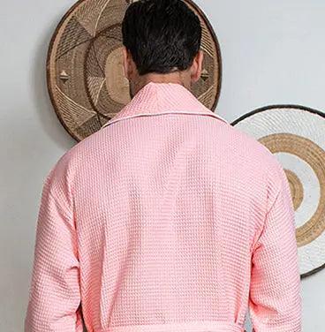 Back view of plush blush men's waffle piping robe from Plush Fashion Hub, featuring small piping details and cozy fabric.