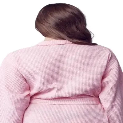 Back view of small blush knee-length waffle robe for women by Plush Fashion Hub, featuring a cozy textured fabric and relaxed fit.