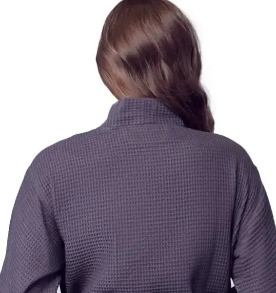 Back view of a small charcoal lightweight women's waffle robe by Plush Fashion Hub, quick-dry spa comfort.
