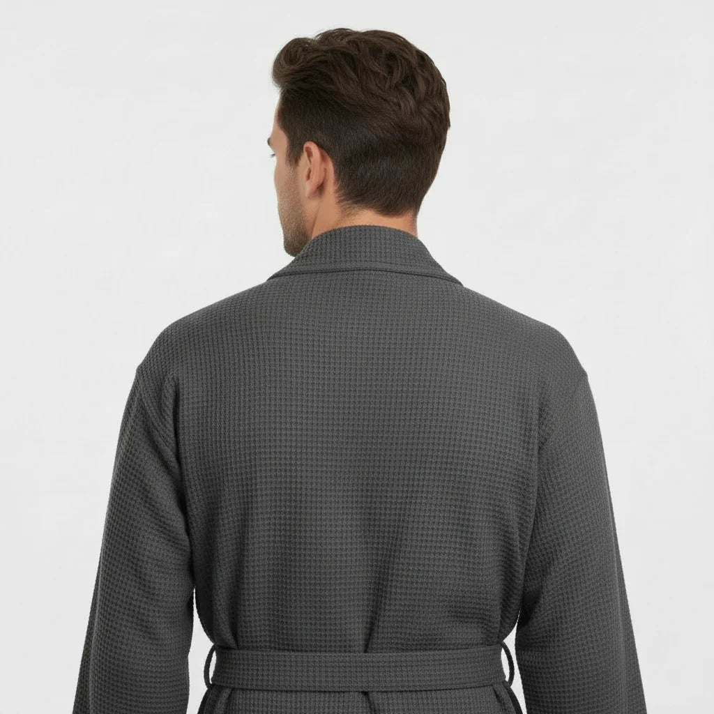 Back view of Plush Fashion Hub men's charcoal waffle spa bathrobe, lightweight and absorbent for comfortable lounging.