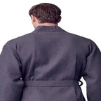 Back view of Plush Fashion Hub men's charcoal waffle spa bathrobe, lightweight and absorbent, shown hanging on a hook.