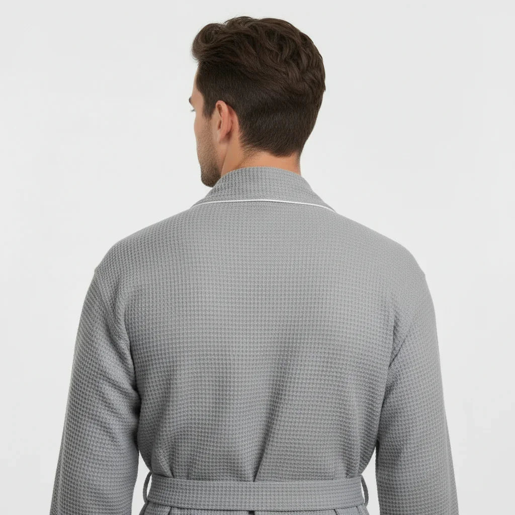 Gray men's waffle robe with piping, back view, from Plush Fashion Hub, featuring a cozy, textured fabric and small size.