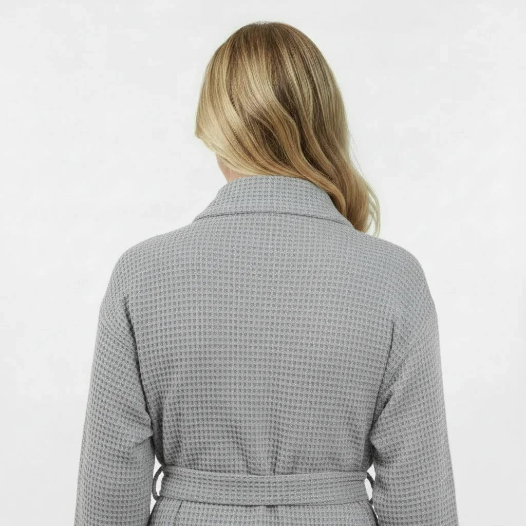 Light gray women's waffle robe by Plush Fashion Hub, lightweight, quick-dry spa robe shown from the back.