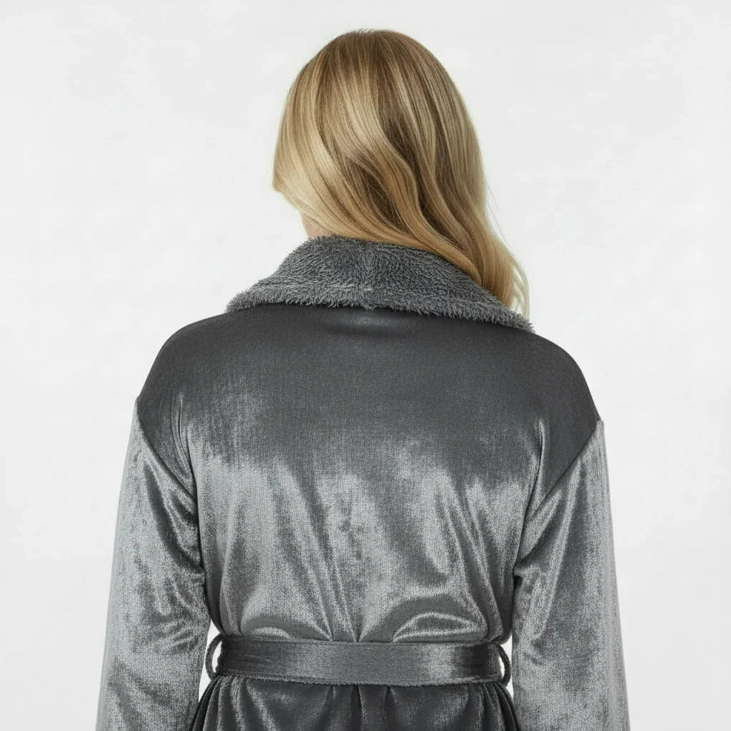 Back view of small grey plush women's bathrobe from Plush Fashion Hub, showcasing soft fleece material and cozy fit.