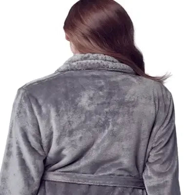 Back view of a small grey women's plush fleece bathrobe by Plush Fashion Hub, showing soft, cozy fabric and relaxed fit.