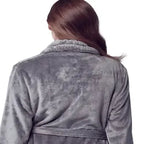 Back view of a small grey women's plush fleece bathrobe by Plush Fashion Hub, showing soft, cozy fabric and relaxed fit.