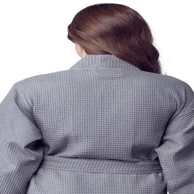 Back view of a small grey knee-length waffle robe for women by Plush Fashion Hub, featuring a kimono style and cozy fabric.