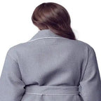 Back view of a small grey women's waffle piping bathrobe by Plush Fashion Hub, lightweight spa-style robe with piping details.