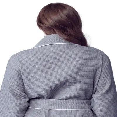 Back view of a small grey women's waffle piping bathrobe by Plush Fashion Hub, lightweight spa-style robe with piping details.