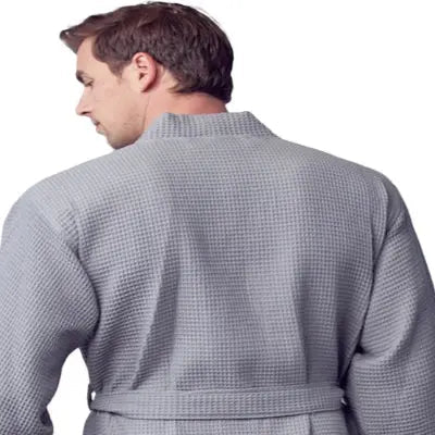 Small grey men's waffle spa bathrobe from Plush Fashion Hub, lightweight and absorbent, shown from the back.