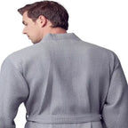Small grey men's waffle spa bathrobe from Plush Fashion Hub, lightweight and absorbent, shown from the back.