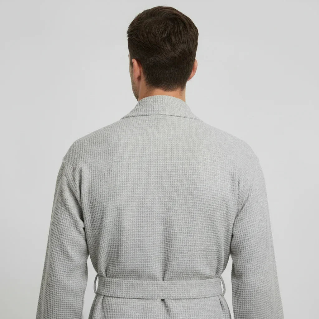 Gray plush men's waffle spa bathrobe from Plush Fashion Hub, lightweight and absorbent, shown from the back.