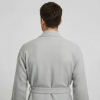 Gray plush men's waffle spa bathrobe from Plush Fashion Hub, lightweight and absorbent, shown from the back.