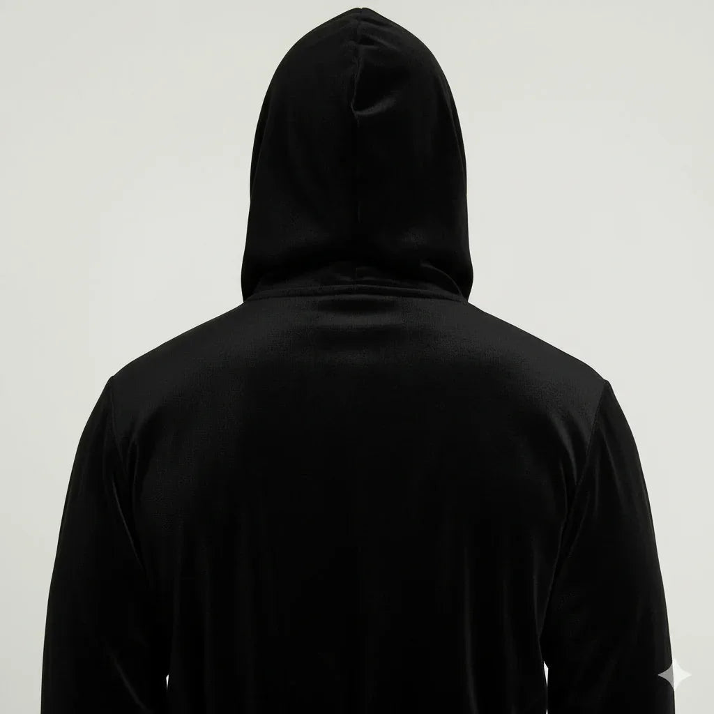 Back view of men's plush hooded robe in black and gray, showcasing soft, cozy fabric and relaxed fit from Plush Fashion Hub.