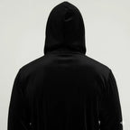 Back view of men's plush hooded robe in black and gray, showcasing soft, cozy fabric and relaxed fit from Plush Fashion Hub.
