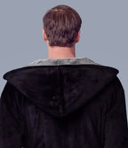 Back view of black and gray men's plush hooded robe from Plush Fashion Hub, showcasing soft fabric and cozy design.