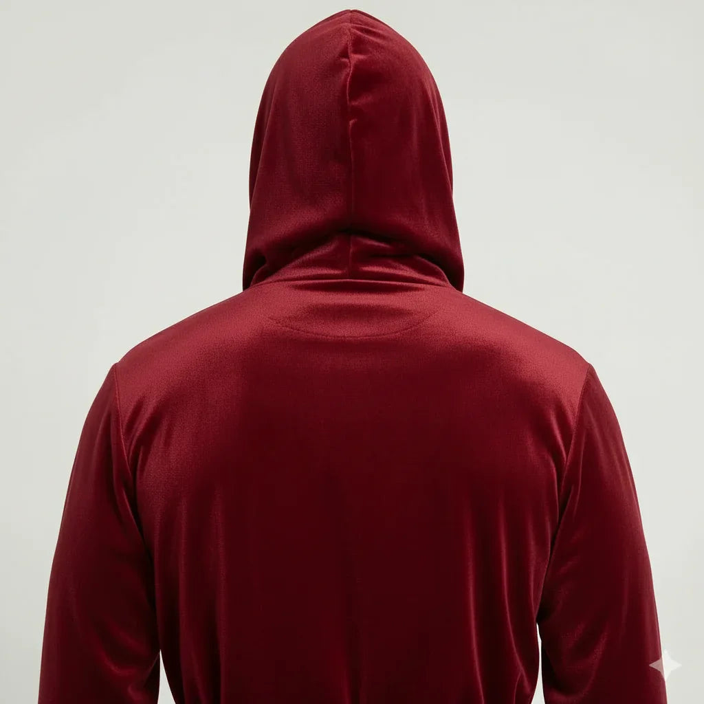 Back view of burgundy and black men's hooded plush robe from Plush Fashion Hub, showcasing the small hood and soft, comfortable fabric.
