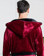 Back view of Plush Fashion Hub men's hooded robe in burgundy and black plush fabric, showcasing the small hood and cozy design.